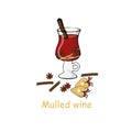 Mulled wine banner festive elements for restaurant and cafe menu, for web. Winter drink, christmas cookies, spices Royalty Free Stock Photo